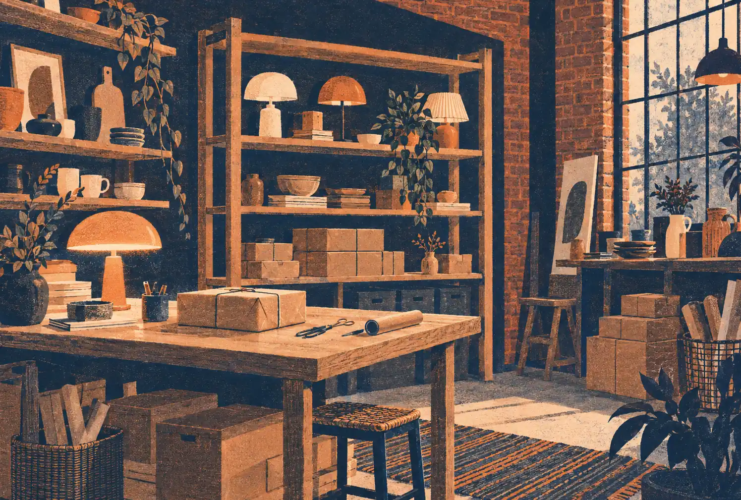 Illustration of independent retailers and their working space